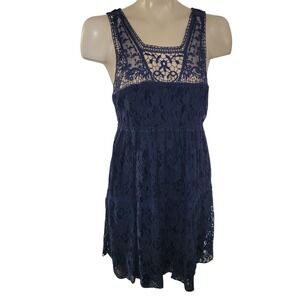 Pinky Navy Blue Lace Sheath Dress Crochet Neckline Knee Length L Y2K 90s retro